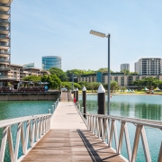 Scenic spot at Darwin Waterfront Wharf, Kitchener Bay, Northern Territory, Australia. The Darwin Waterfront is a popular place for restaurants, shops, water sports, and cruise ships.