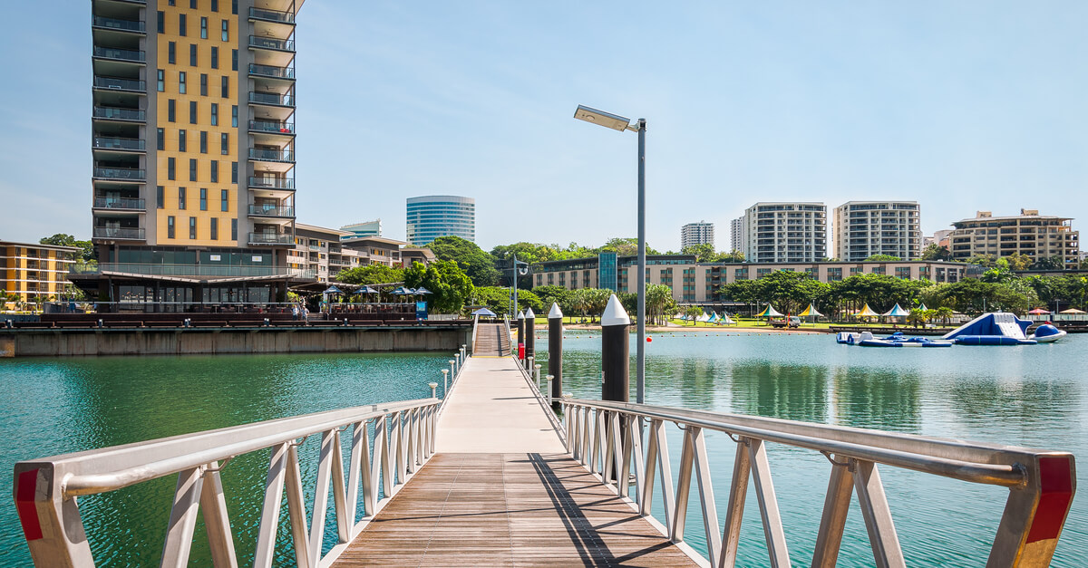 Scenic spot at Darwin Waterfront Wharf, Kitchener Bay, Northern Territory, Australia. The Darwin Waterfront is a popular place for restaurants, shops, water sports, and cruise ships.